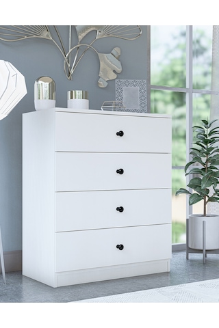 Gm 083 Almina 4 Çekmeceli Düğme Kulplu Beyaz Şifonyer