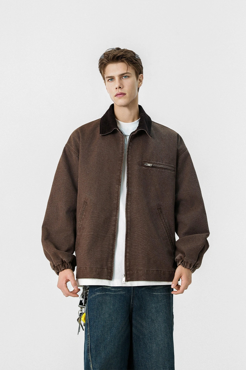 Snapbuy Yıkanmış Denim Ceket, Amerikan Retro Stili, Kontrast Yakalı, Bol Kesim Kahverengi