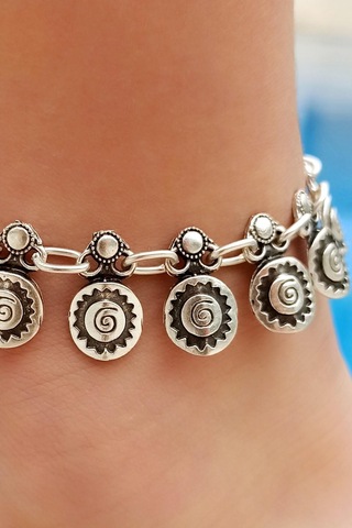 Antik Gümüş Kaplama Motif Şekilli El Yapımı Kadın Halhal Gümüş