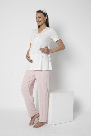 Lohusa Hamile Dantel Detaylı Kısa Kol Pijama Takımı Emzirme Hastane Çıkışı Flz 24-72