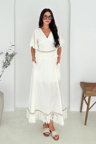 Asprin Fashion Püsküllü Bluz Etek Takım Beyaz Beyaz