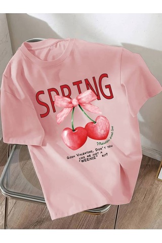 Noıssey Pembe Kalpli Kiraz Baskılı Oversize Rahat Kalıp Bisiklet Yaka Kadın