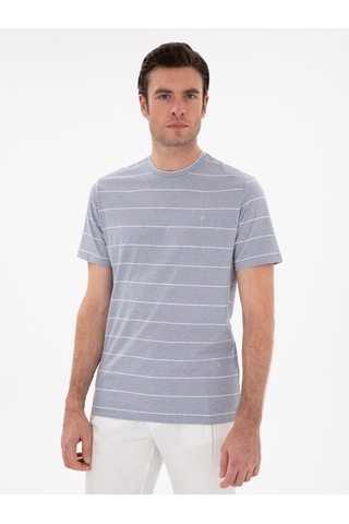 Beyaz Regular Fit Bisiklet Yaka Çizgili T-shirt Mavi