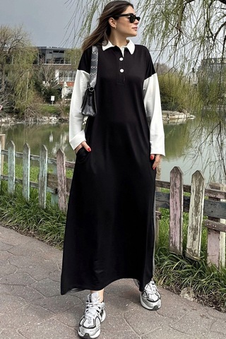 WeShaya Kadın Siyah Color Block Tasarım, Polo Yaka, A Kesim, Uzun Salaş Elbise Siyah