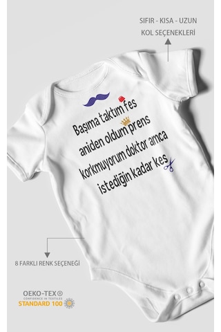 Korkmuyorum Doktor Amca İstediğin Kadar Kes Baskılı Bebek Zıbını %100 Pamuk Kısa Kol Beyaz