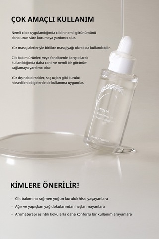 Midha Rice Facial Yoğun Nemlendirici ve Besleyici Pirinç Kepeği Yağı İçerikli Yüz Bakım Yağı 30 ML
