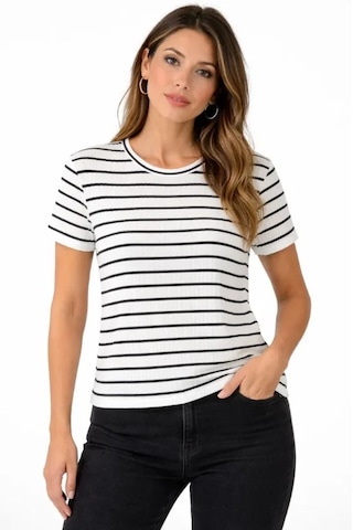 De'charme Çizgili Yazlık Triko T-shirt Bisiklet Yaka Rahat Kalıp Tişört - Beyaz