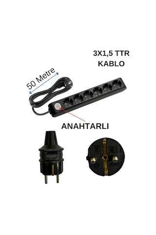 Avarson 6'lı Altılı Priz Topraklı Anahtarlı Kablolu Siyah 3x1,5 Ttr 50 Elli Metre