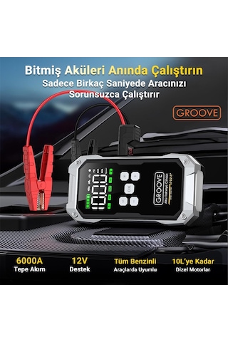 Groove F04 21800mah 6000a Akü Takviye Cihazı+lastik Şişirme Pompası Kompresörlü Jump Starter Çanta+powerbank+led Lamba+lcd Ekran