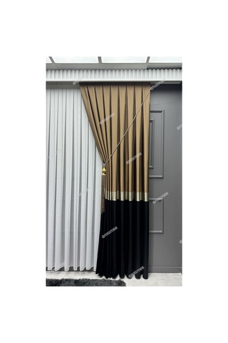 Pano Fon Perde,elegans Seri,azra Desen Siyah Gold Kahverengi,taç,brilant,blackout,pileli Tek Kanat Siyah Gold Kahverengi