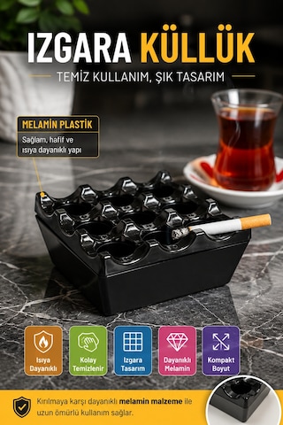 Siyah Melamin Izgara Küllük Kare Kül Tablası Isıya Dayanıklı Cafe Balkon Masa Küllüğü