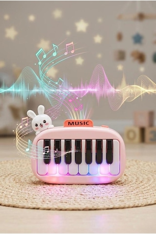 14cm Sesli Işıklı Ve  Müzikli Sevimli Tavşan Figürlü İnteraktif Oyuncak El Piyanosu Pembe