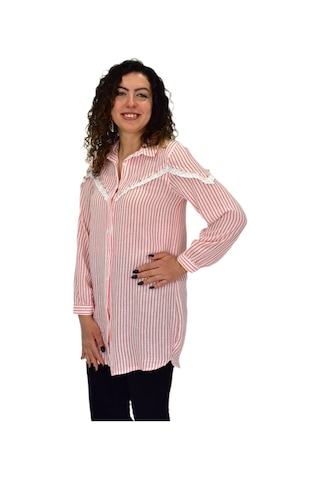 Kadın Çizğili Keten Gömlek Bgl-st03706 Turuncu