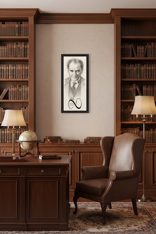 Atatürk Karakalem Portre Tablo 60x25 Cm Çerçeveli Siyah Çerçeve Modern & Klasik Duvar Dekoru