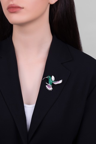 Cennet Kuşu 18 Ayar Beyaz Altın Kaplama Gümüş Broş Beyaz