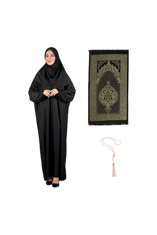 Namaz Elbisesi Eşarp Seccade Tesbih Set, İslami Giyim Takım Ferace Turban Şal Siyah