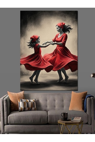Ahşap Tablo Kırmızı Elbiseli Dans Eden Anne Ve Kızı
