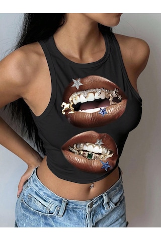 Afri Kadın Siyah Baskılı Crop Atlet Diş Grillz Desenli, Sokak Modası Tarzı Siyah