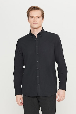 Altınyıldız Classıcs Erkek Sıyah Pamuklu Slim Fit Dar Kesim Düğmeli Yaka Diagonal Desenli Flanel Gömlek Siyah