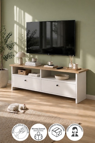 Bofigo Tv Sehpası 2 Kapaklı Tv Ünitesi Televizyon Sehpası 120 X 30 Cm Santorini Safir Meşe Beyaz Safirmeşe - Beyaz