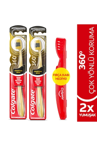 Colgate 360 Charcoal Gold Yumuşak Diş Fırçası 2'li + Diş Fırçası Kabı
