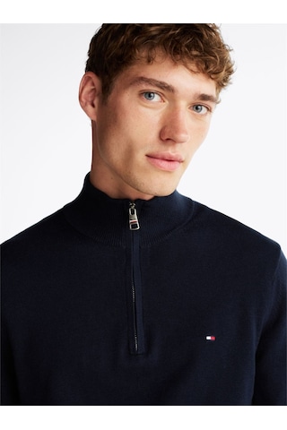 Tommy Hilfiger Pıma Org Ctn Cashmere Zıp Mock Erkek Mavi Kazak - Mw0mw28049