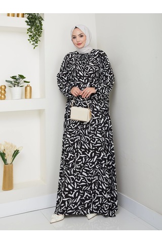Desenli Önü Büzgülü Viskon Elbise - Siyah / E0131 Siyah