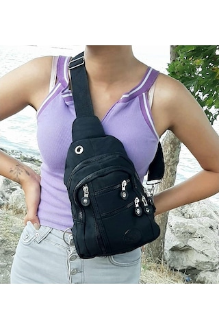 Fiyra Bb1 Siyah Krinkıl Kumaş Beş Bölmeli Body Bag Bayan Çanta-Siyah