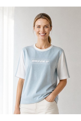 Nealirsanall.com "never Give Up" Baskılı Penye Tişört - Kontrast Kollu Spor Bluz Beyaz