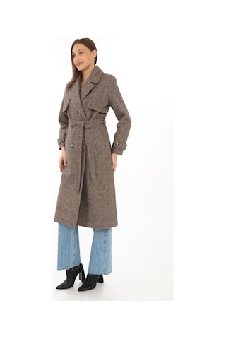 Kadın Balık Sırtı Yünlü Dokuma Kaşe Kaban Kruvaze Yaka, Kuşaklı, Cepli, Astarlı Uzun Boy Tesettür Vizon