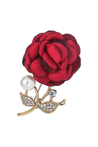 İnci Görünümlü Kumaş Gül Broş Kadınlar İçin Yapay Çiçek Broş İğnesi Yapay Elmas Yaka İğnesi Palto Şapka Çanta İçin Giyim Aksesuarları Kırmızı
