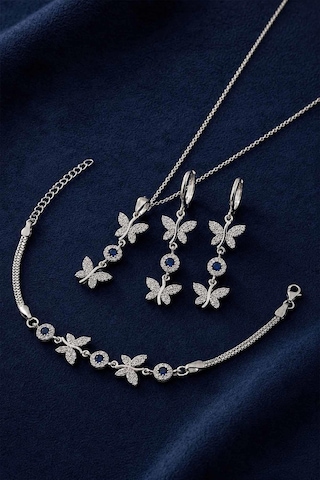 Gümüş Pazarım Safir Taşlı Kelebek Motifli Gümüş Set 83007562