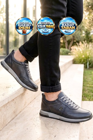 Castle Black Lacivert Hakiki Deri Bağcıklı Erkek Casual Sneaker Ayakkabı 42172