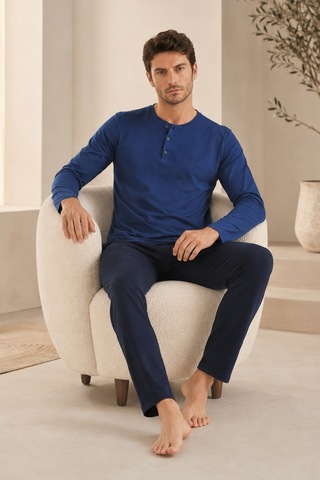 Loule Erkek Mavi %100 Pamuk Penye Uzun Kollu Pijama Takımı