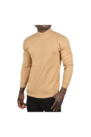 Deepsea Erkek Camel Zigzag Desenli Yarım Balıkçı Yaka Dar Kesim Boğazlı Triko Kazak 2505496 Camel