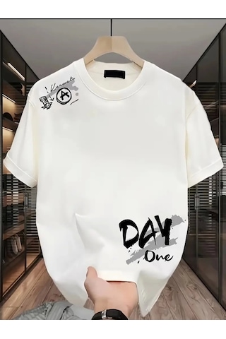 Modi Baskılı Oversize Bisiklet Yaka T-shirt - Beyaz - Mymg159023
