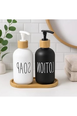 2 Li Cam Sıvı Sabunluk Ve Losyonluk Seti 500 Ml Siyah & Beyaz 12 Izgara