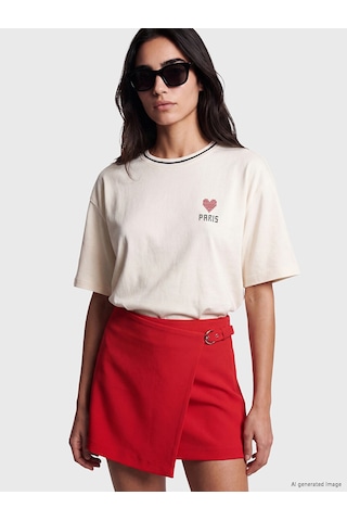 Lcw Vision Ekru Paris Baskılı Oversize Kadın Tişört