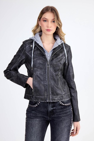 Vitrin Kapüşonlu Suni Deri Crop Biker Ceket Siyah