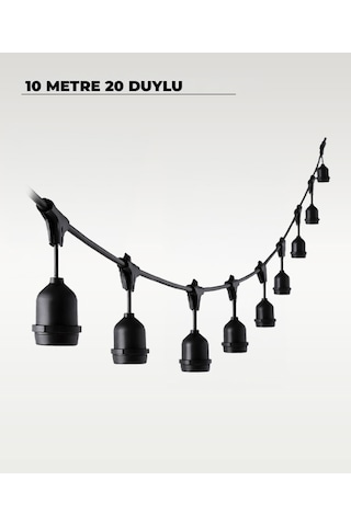 10 Metre 20 Duy E27 Dış Mekan Led Zincir Aydınlatma Bahçe, Kafe Ve Organizasyon Işık Seti Ampulsüz Siyah