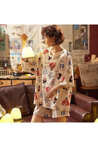Sones Adet/takım Kadın Bahar Ve Yaz İnce Pijama Kısa Kollu Şort Ev Giyim Mektup Kızı Çok Renkli