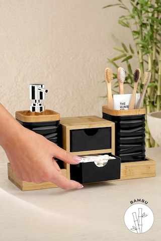 Siyah Bambu Çekmeceli Sıvı Sabunluk Ve Diş Fırçalıklı Banyo Organizeri Siyah