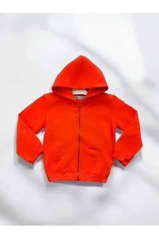 Kız Çocuk Fermuarlı Kapüşonlu Hırka-14376 Turuncu