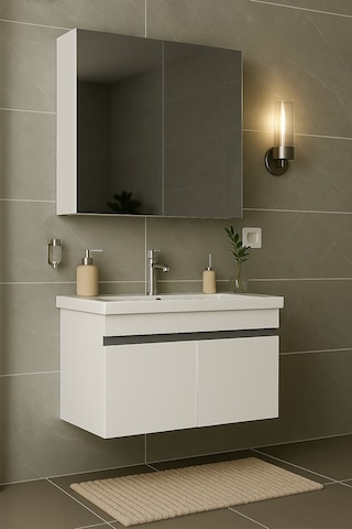Arista 80 Cm Beyaz Mdf, Seramik Lavabolu, Banyo Dolabı Takımı Beyaz