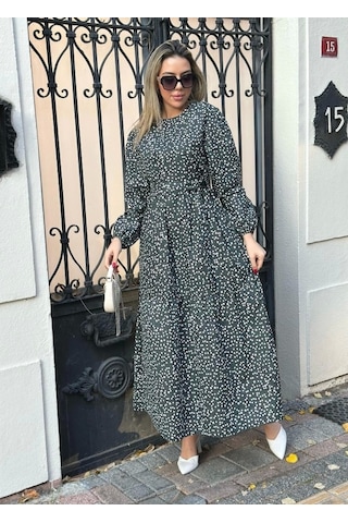Defymoda Kadın Uzun Kollu Bisiklet Yaka Papatya Desen Kuşak Dahil Maxi Boy Elbise Siyah