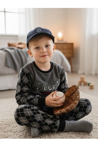 Zekids Erkek Çocuk Basketball Baskılı Polar Pijama Takımı-16814 Grı