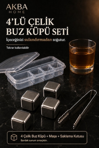 4 Lü Çelik Buz Küpü Seti Maşalı Saklama Kutulu Sulandırmayan İçecek Soğutucu Metal 4 Lü Çelik Buz Küpü Seti Maşalı Saklama Kutulu Sulandırmayan İçecek Soğutucu Metal