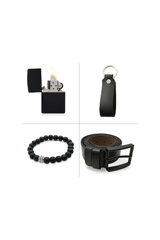 Ayleen Ayz Kişiye Özel Erkek Cüzdan Kartlık Çakmak Kemer Set Siyah