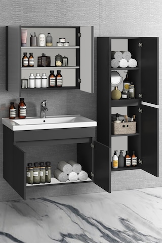Çiğdem 80+35 Cm Antrasit Gri Mdf Lavabolu Asma Banyo Dolabı Takım Antrasit - Gri