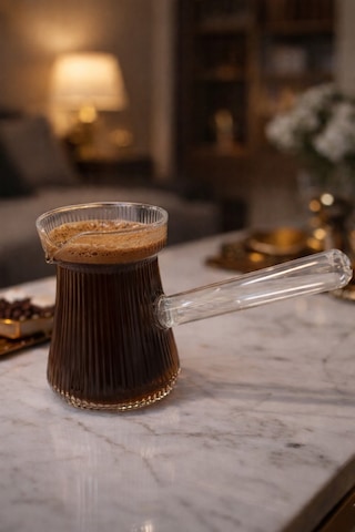 Isıya Dayanıklı Cam Cezve Çizgili 400 Ml, 10 Cm Yükseklik, Cam Türk Kahvesi Cezvesi
